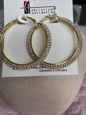 Christina Collection Gold Tone Crystal Pavé Hoop Earrings 2”